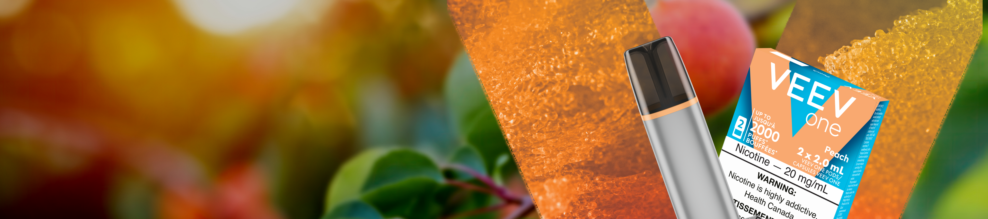 VEEV ONE vape and pack of  pods on orange background